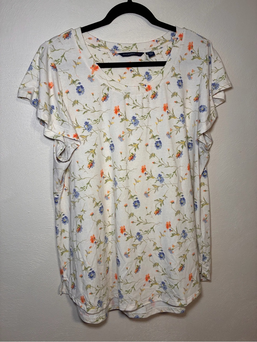 Isaac Mizrahi White Tee with Blue and Orange Floral Print - Picture 1 of 3